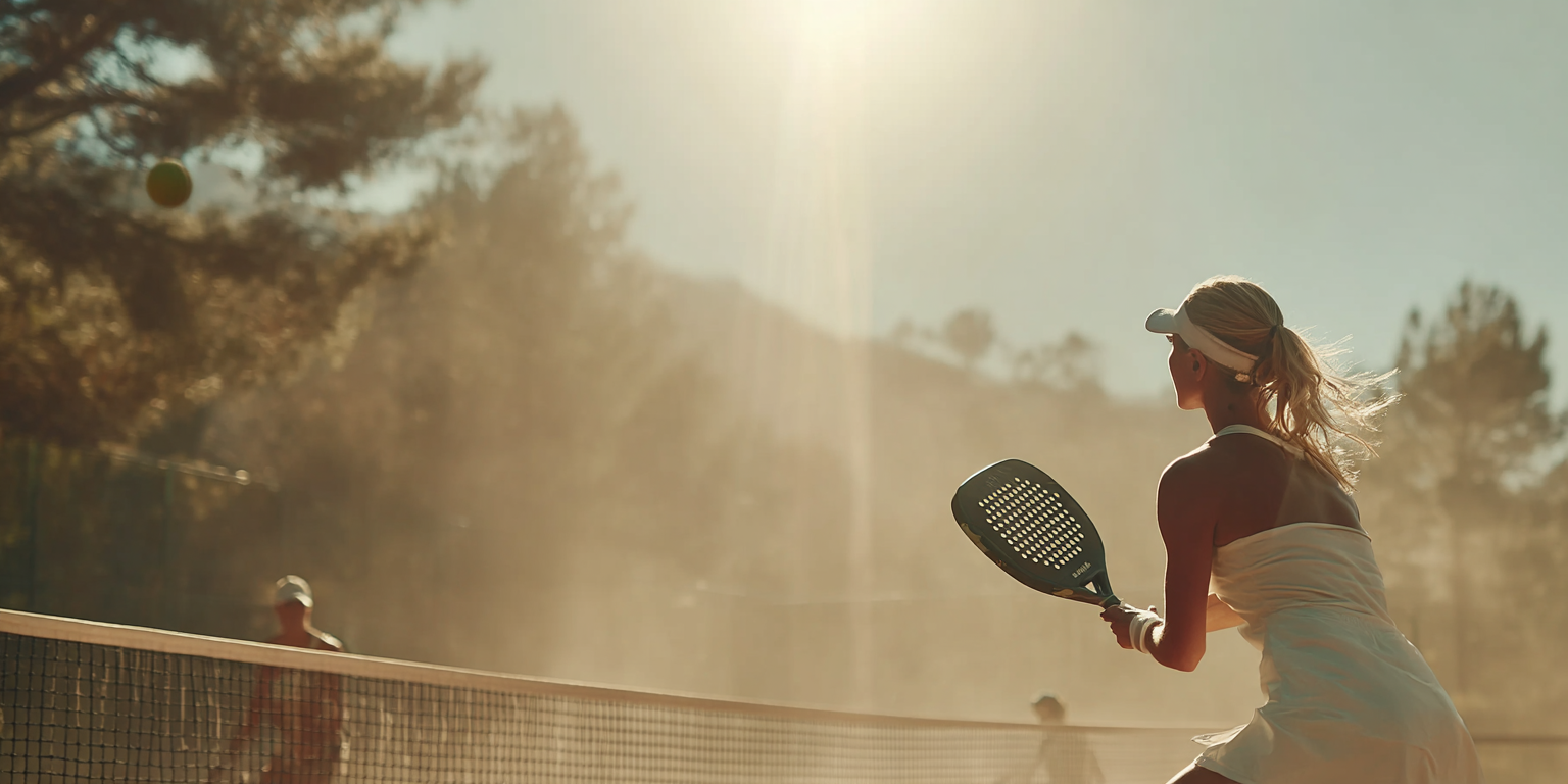 Kvinna i vita padelkläder på en padelbana i solljus